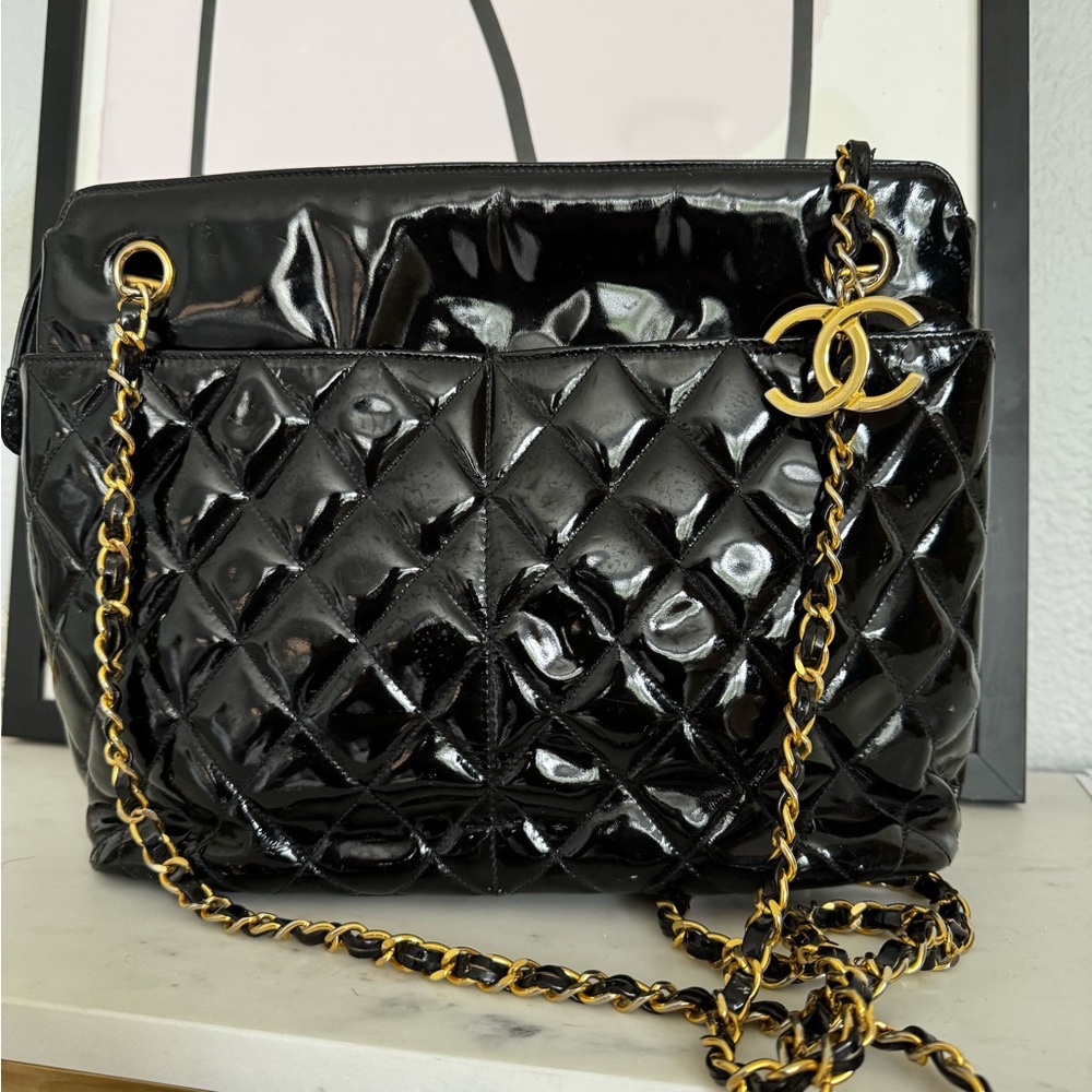 CHANEL Black Quilted Patent Leather CC Chain Shoulder Bag with Gold Hardware